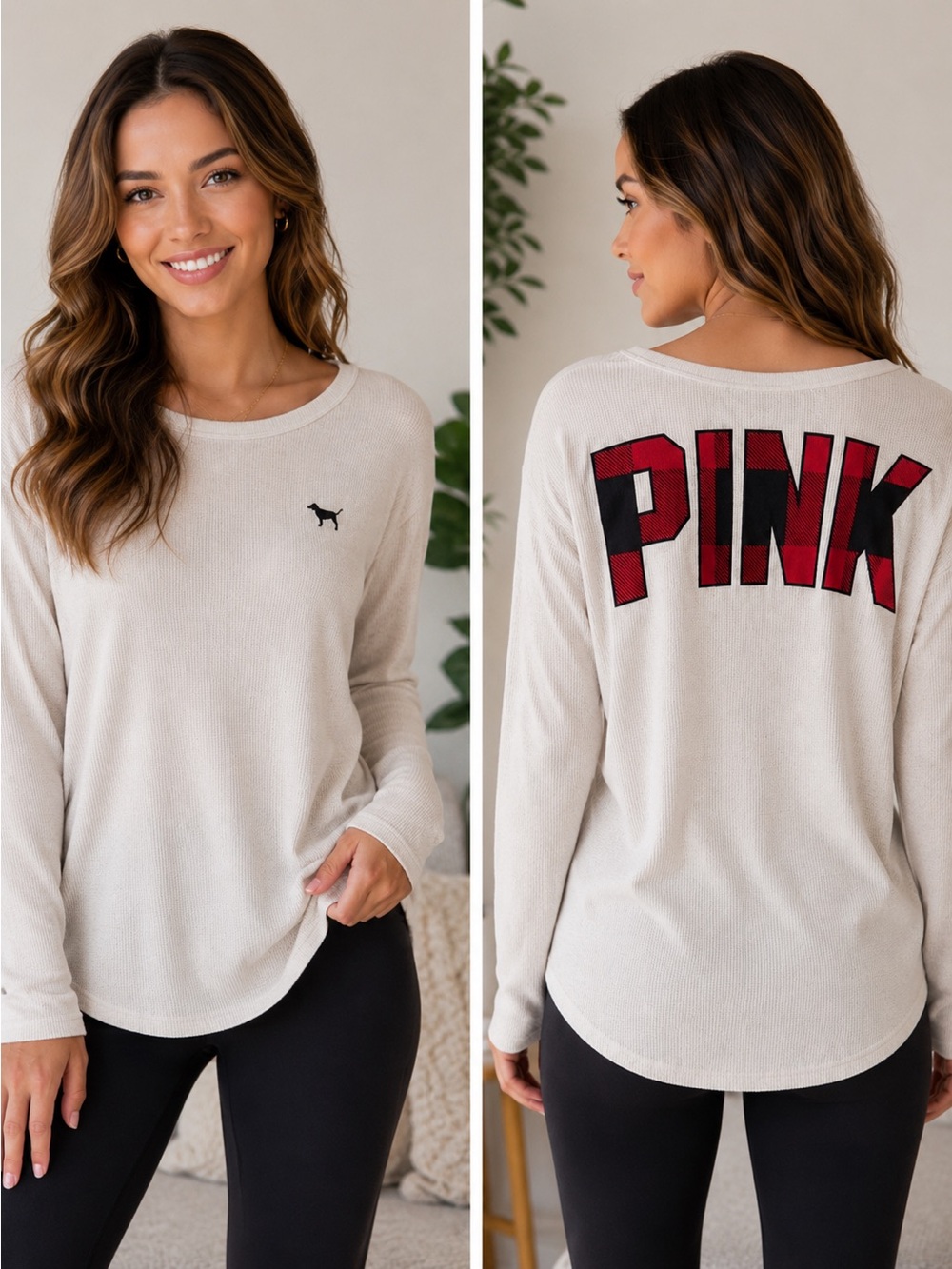 PINK Victoria’s Secret Thermal Long Sleeve Top Buffalo Plaid Logo Back
